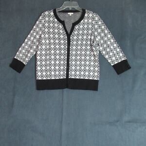 Talbots Cardigan Sweater Womens Medium White Black Geometric Preppy Work Cozy